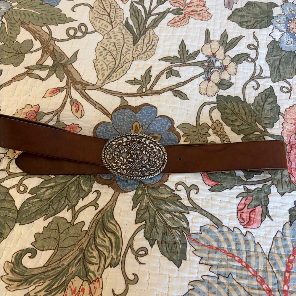 Eddie Bauer Brown Leather Belt with Ornate Silver-Tone Buckle